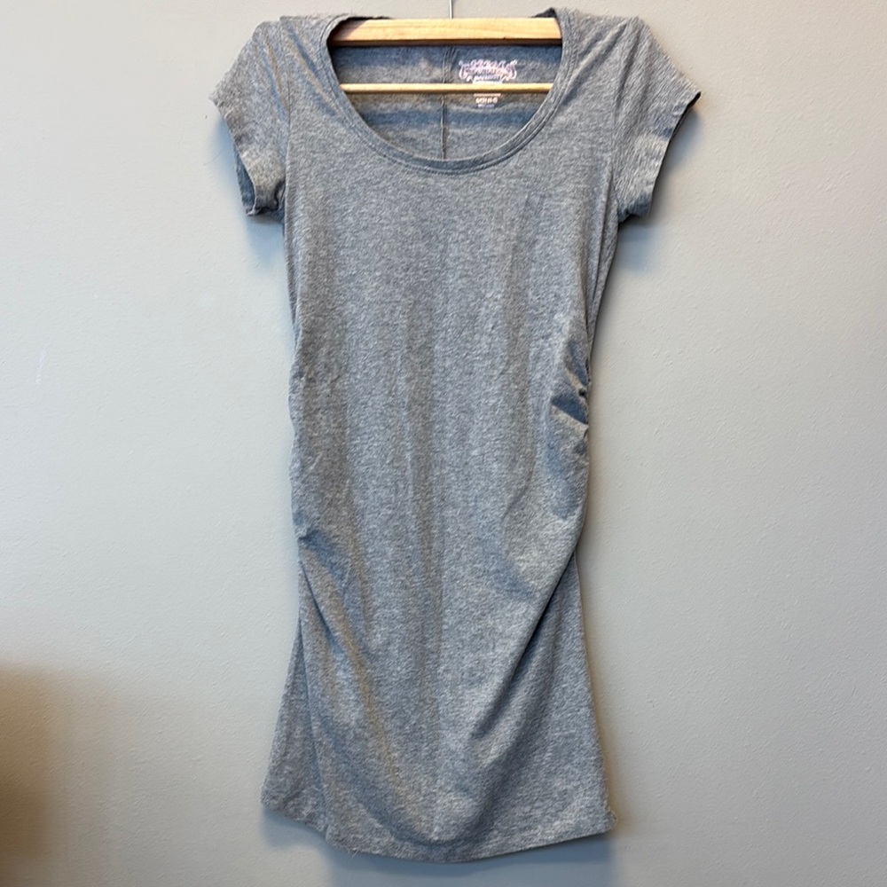 Great Expectations Maternity Dress Gray Ruched Cap Sleeve Fitted Midi Dress